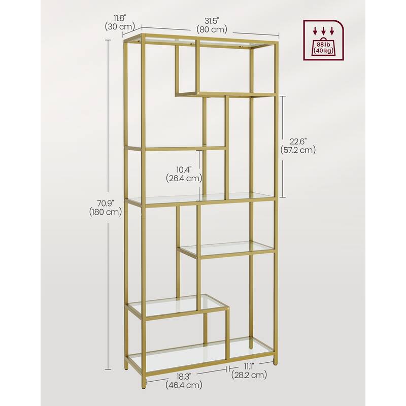 6-Tier Modern Metallic Gold Steel and Tempered Glass Bookshelf for Home Office or Living Room Storage