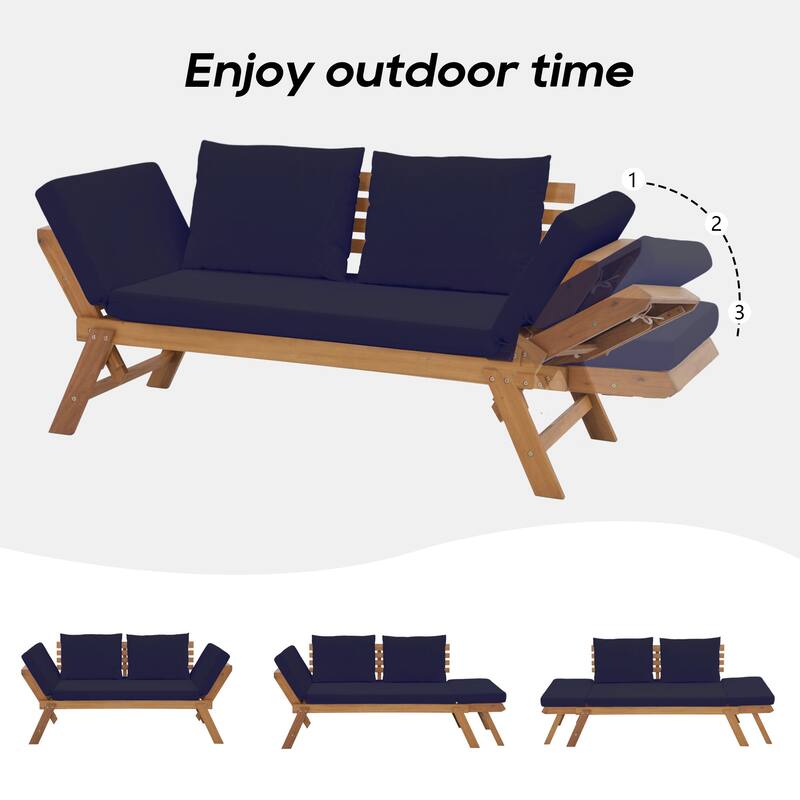 78" Outdoor Acacia Wood Expandable Daybed with Cushions Patio benches and Pool loungers