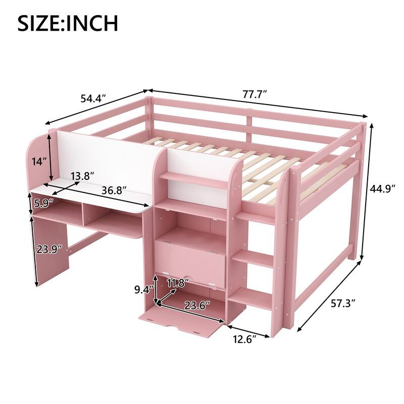 Full Size Low Loft Bed with Built-in Desk,Storage Cabinets and Open Bookcase,Whiteboard for Graffiti