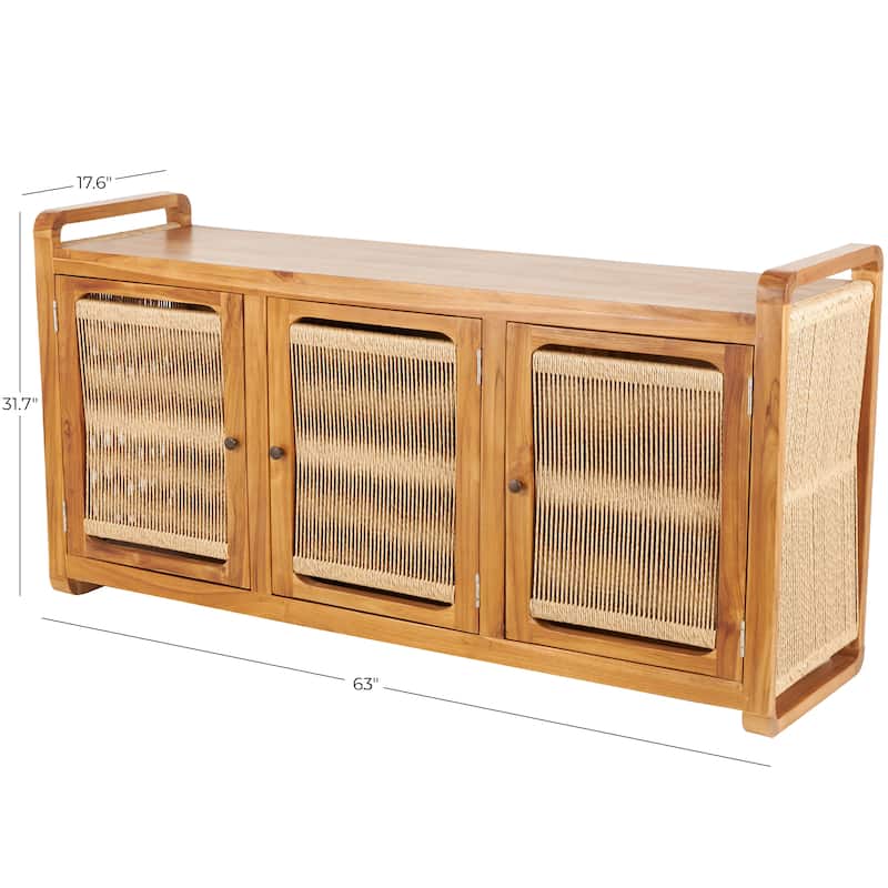 Teak Wood Handmade 3 Door Cabinet with Rattan Front and Sides - Brown - Roche River Decor - 18"W x 63"L x 32"H