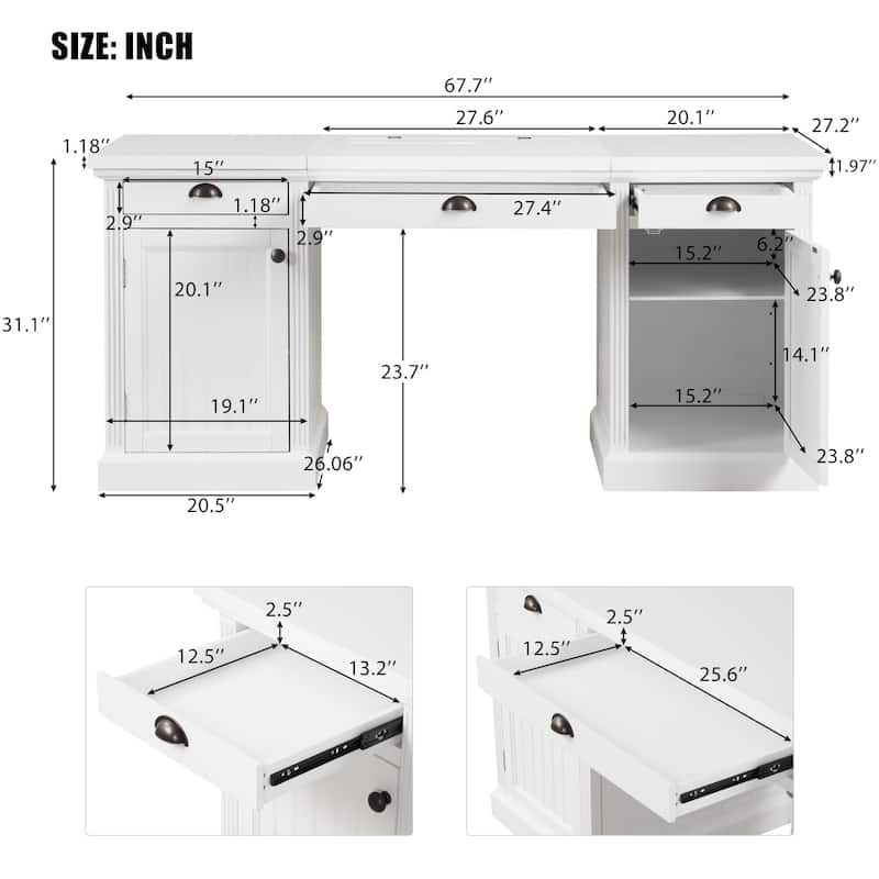 67-Inch Modern Executive Computer Desk with 2 Wooden Doors Storage Cabinet & 3 Drawers
