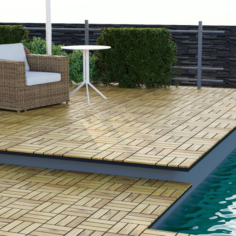 12" x 12" Square Yellow Acacia Hardwood Interlocking Deck Tiles Checker Pattern for Patio, Balcony, Poolside
