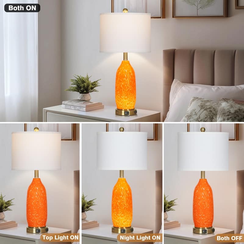 26" Orange Spot Glass Table Lamp with USB-C Charging, Dual Lighting & Metal Touch Switch(Set of 2) - 12'' x 12'' x 26''