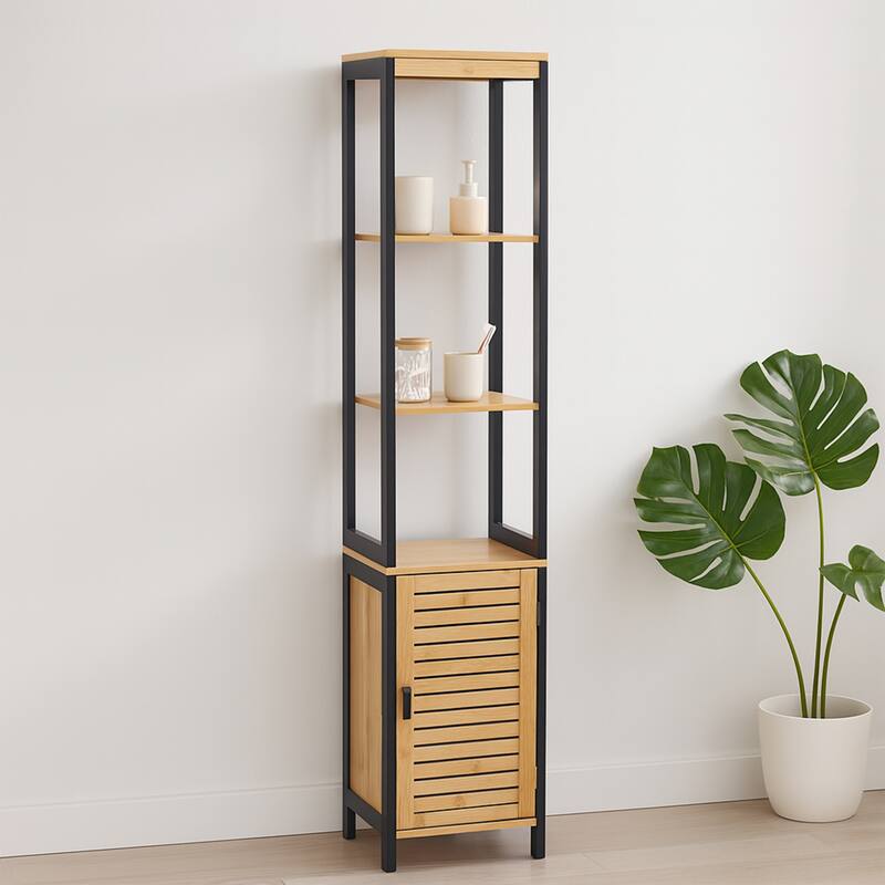 Natural Slim Storage Cabinet with Shelves, Modern Black Frame - 13.4"L x 12"W x 68"H