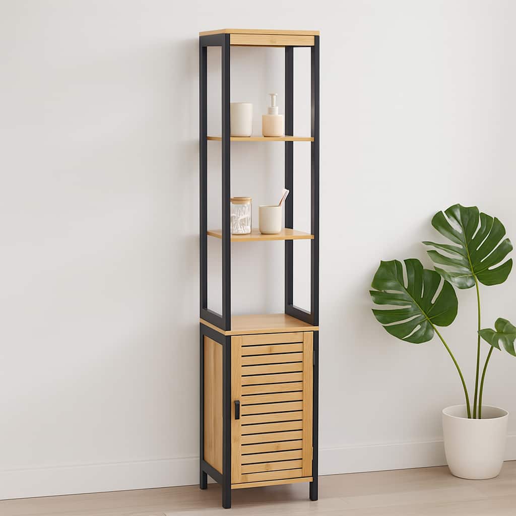 Natural Slim Storage Cabinet with Shelves, Modern Black Frame - 13.4"L x 12"W x 68"H