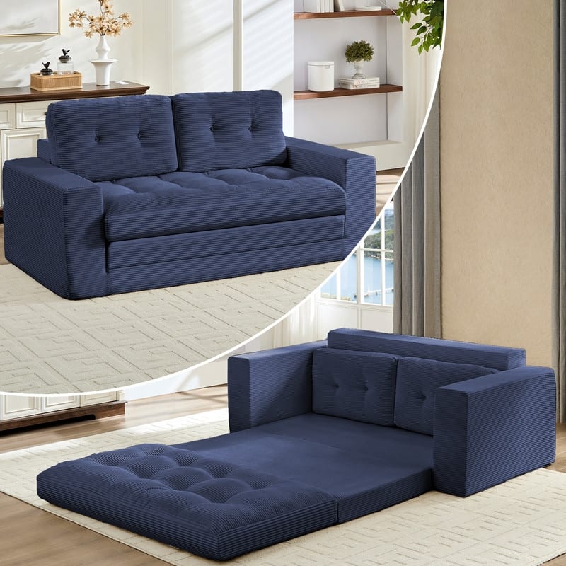Mixoy 71'' 2-in-1 Convertible Futon Loveseat Sofa Bed,Corded Fabric Foldable Tufted Buttons 2-Seater Sleeper Sofa - Dark Blue - Loveseat