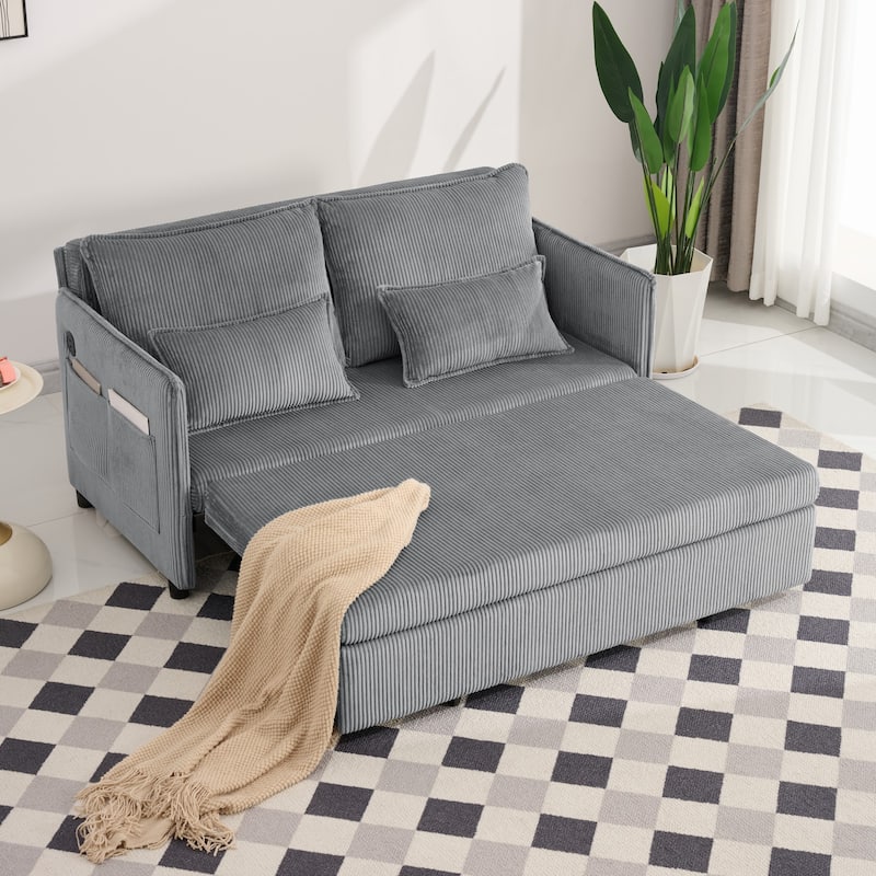 Roomfitters 55" Modern Corduroy Sofa Bed with Pull-out Sleeper Design, Modular Daybed with Storage Pocket & Pillows - Grey