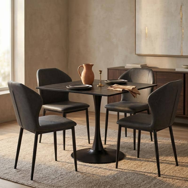 Bristol 35" Square Sintered Stone Dining Table, Modern Heat Resistant Kitchen Table with Black/White Steel Pedestal Base
