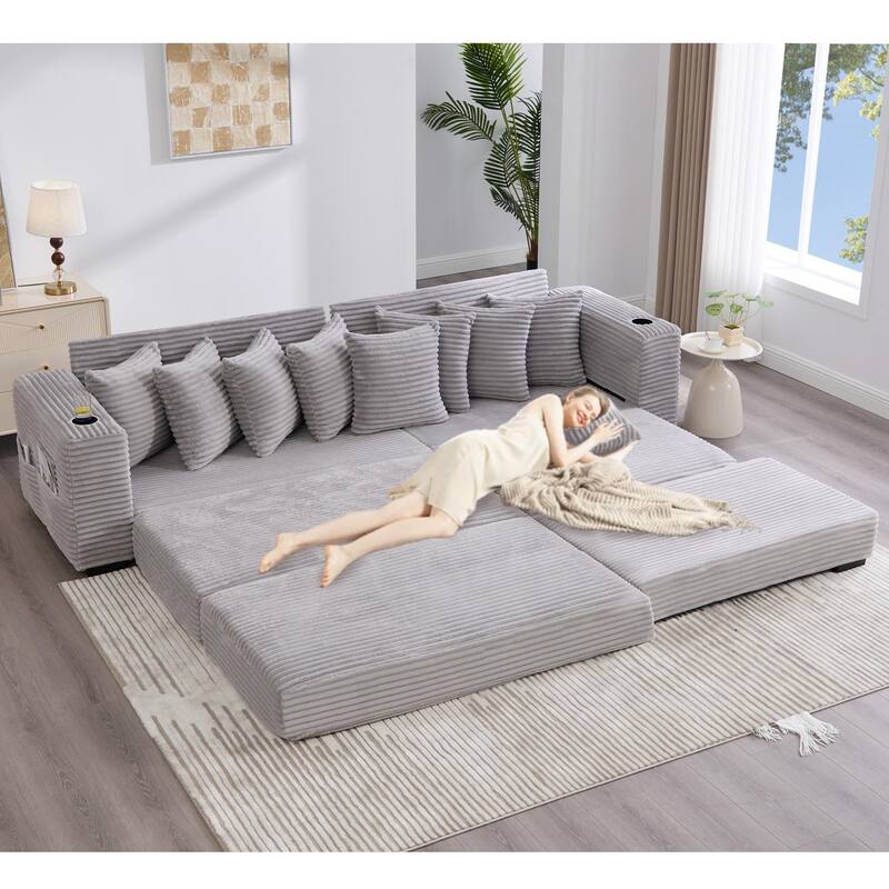 110.75" Corduroy Sectional Sofa, Convertible Sleeper Sofa Bed L-Shaped Upholstered Couch with Removable Footstool, Cup Holder