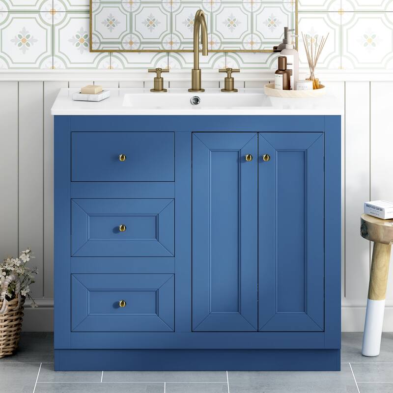 36" Modern Bathroom Vanity with Ceramic Sink, 2 Drawers & Shelf Storage Cabinet, Blue MDF & Solid Wood