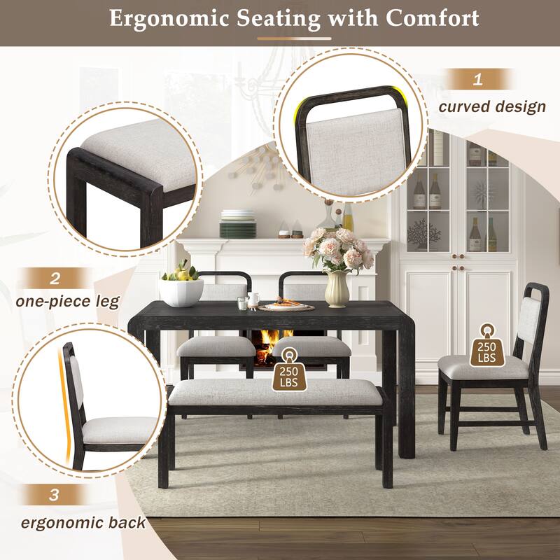 Roomfitters Extendable Dining Table Set for 4-6, Farmhouse Table with Upholstered Chairs & Bench, Rustic Curved Design