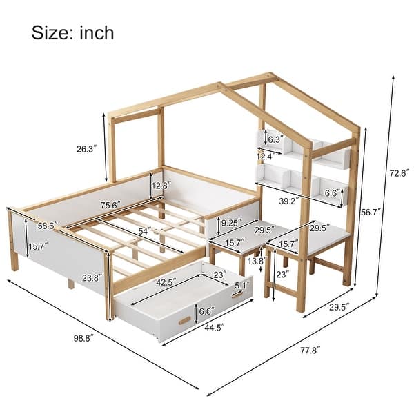Full Size House Bed with Desk & Storage, White/Natural
