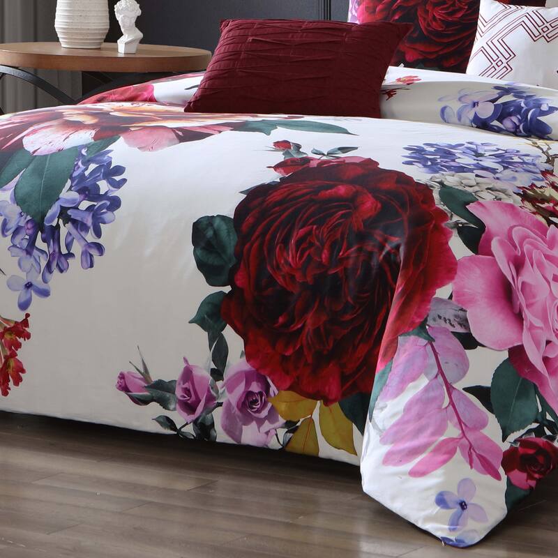 Bebejan Magenta Floral 100% Cotton 5 Piece Reversible Comforter Set