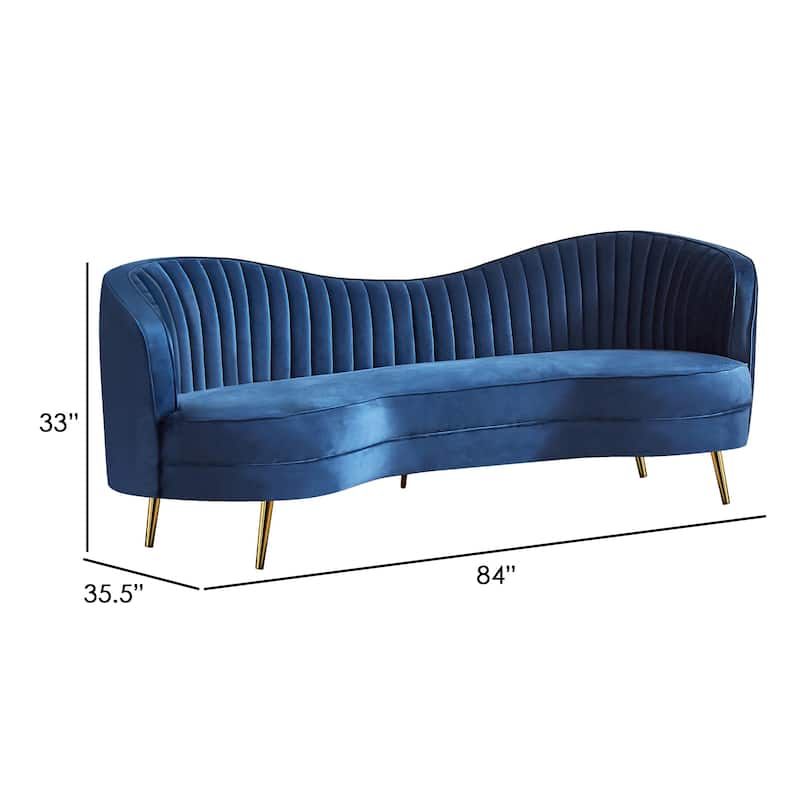 Chad 84 Inch Curved Bean Sofa, Tufted, Camelback, Gold, Royal Blue Velvet