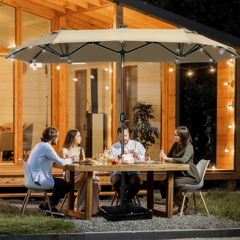 Outsunny Double-sided Patio Umbrella with Solar Lights and Sandbag Base, Outdoor Table Umbrella with Push Button Tilt, Crank - Coffee