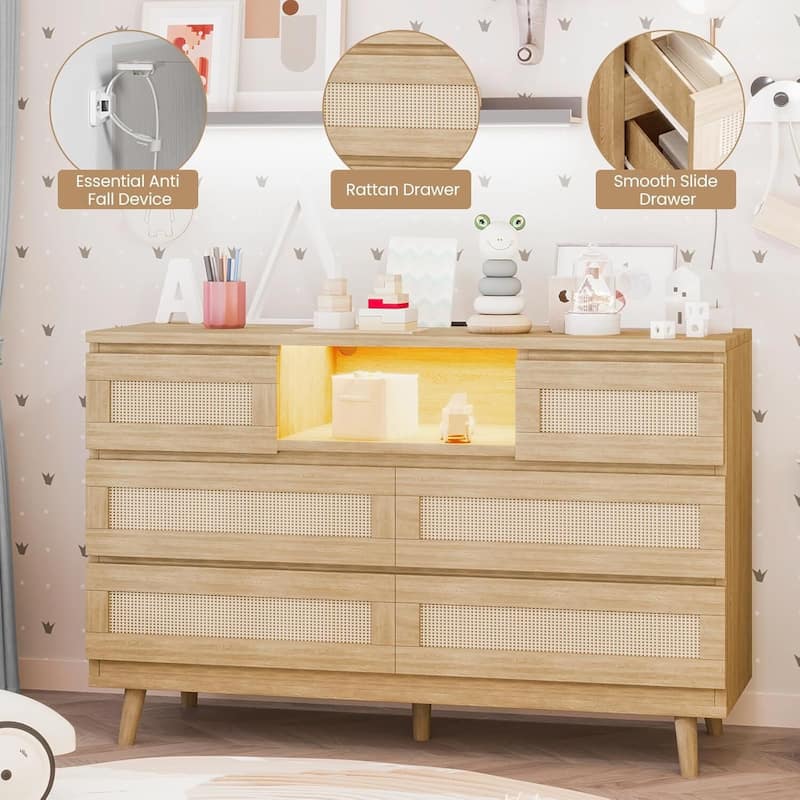 Natural Rattan Dresser for Bedroom with LED Light and Charging Station