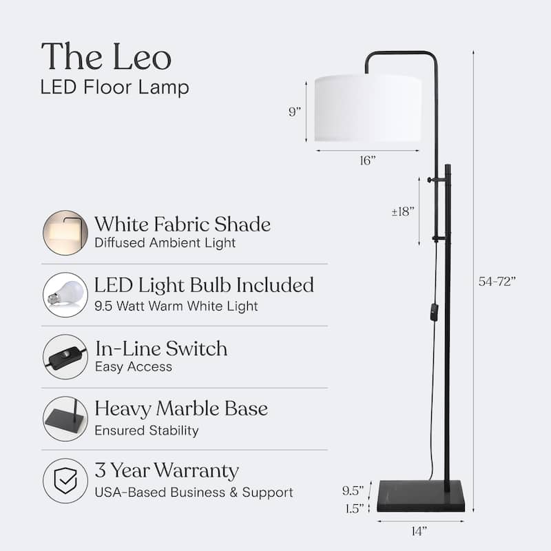 Brightech Leo 72 in. Classic Black Mid-Century Modern Height Adjustable LED Floor Lamp with White Fabric Drum Shade