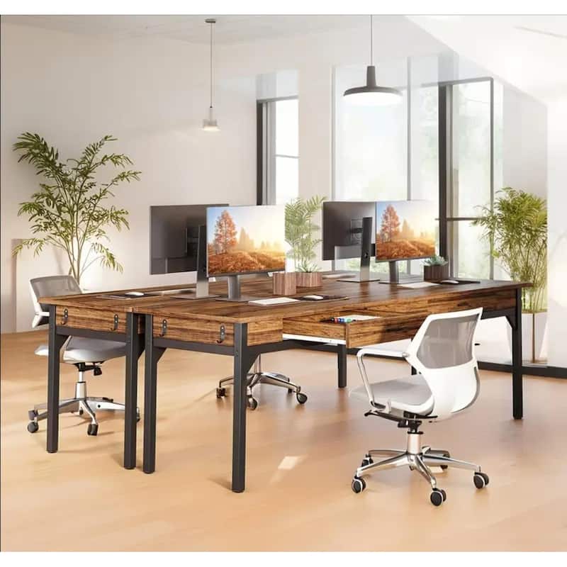 78.7"Extra Long Double Office Desk, Executive Computer Workstation with 2 Drawers and Hooks, Home Office Desk with Metal Frame - Brown+Black