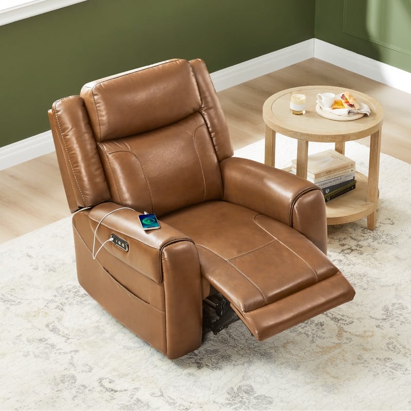 Spruce & Spring Leo Dual Motor Genuine Leather Power Recliner With Power Headrest