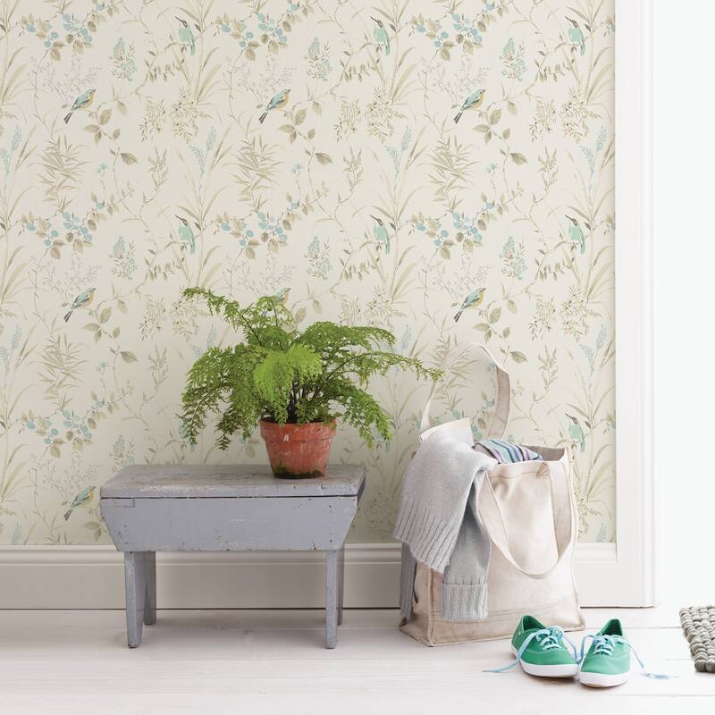 Compton, Imperial Garden Blue Botanical, 33' L X 20.5 W, Wallpaper Roll - Beige