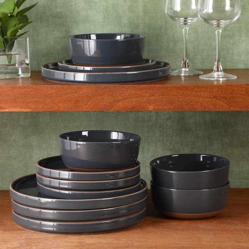 Gibson Elite Northrock Stoneware Dinnerware Set, 16-Piece Service for 4 - Plates & Bowls with Hand-Painted Terracotta Base