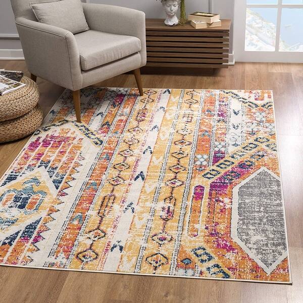 2' X 15' Gold And Ivory Distressed Tribal Runner Rug - 3'6