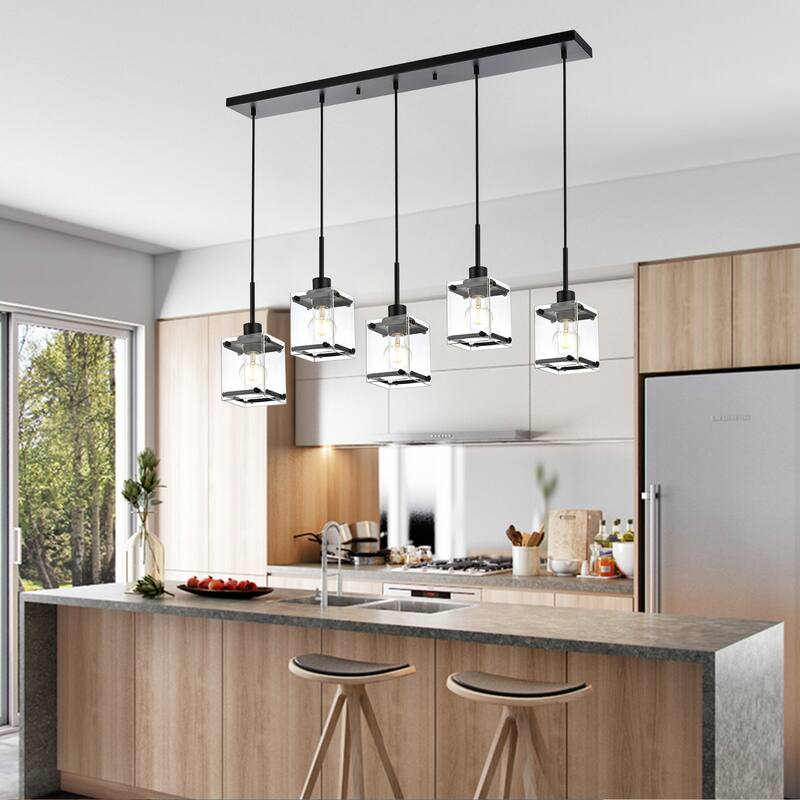 Modern Metal Chandeliers with Clear Square Glass - Black