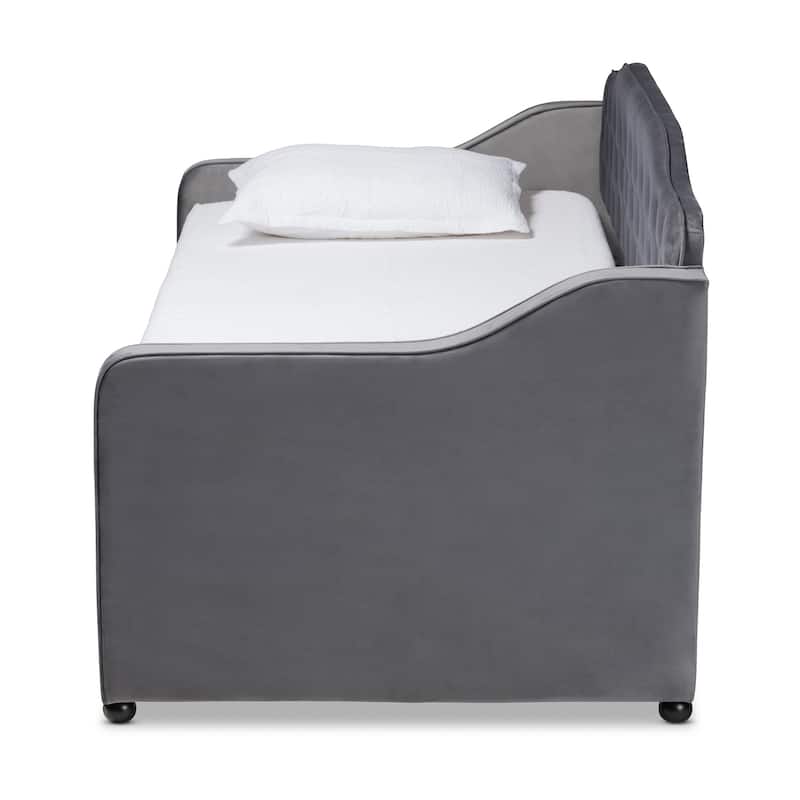 Grey Upholstered Twin Daybed with Trundle, Pleated Textured Fabric and Sleek Design for Modern Guestroom Use