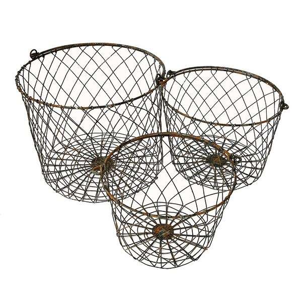 Wire Round Storage Nesting Baskets With Handles Set of 3 Rustic Finish