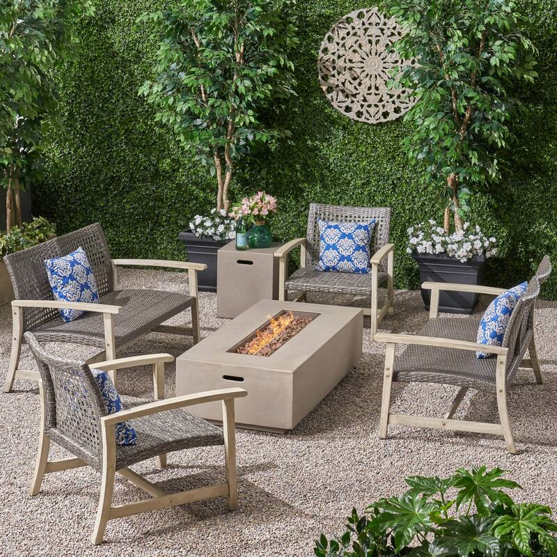 Augusta Outdoor Acacia Wood and Wicker 6 Seater Chat Set with Fire Pit by Christopher Knight Home