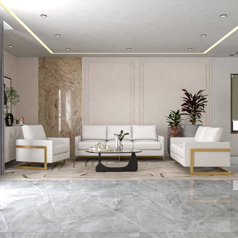 3-Piece Leather Sofa Set with Gold Stainless Steel Base and Removable Cushions