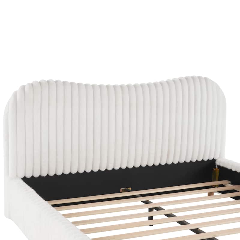 Queen Size Bed, White Boucle Vertical Stitching Bedframe, Upholstered Frame Bed Low Profile Grounded Bed with Wavy Headboard