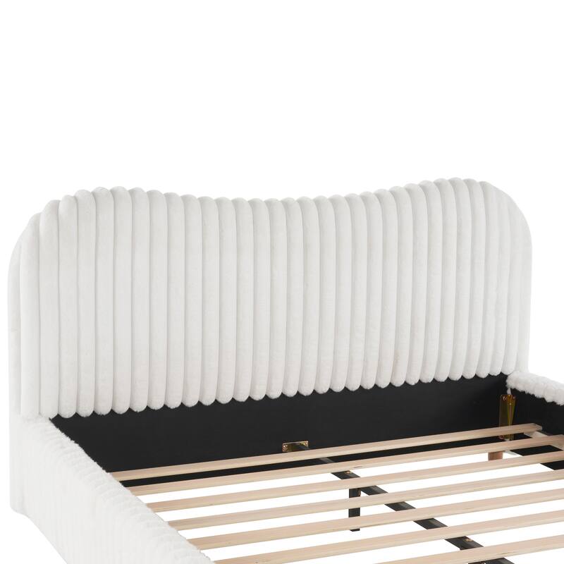 Queen Size Upholstered Bed with Wavy Headboard and Vertical Stitching in White Boucle Fabric