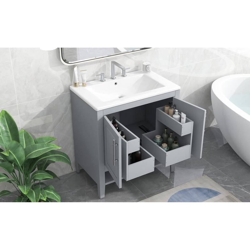 Bathroom Vanity with Ceramic Basin Sink, Bathroom Storage Cabinet with Doors and Drawers, Bathroom Cabinet with Open Shelf