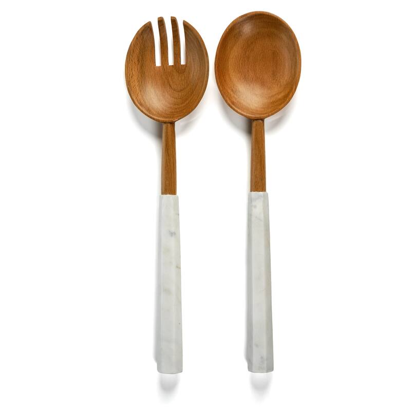 Kamran Wooden Salad Server Set with Marble Handles - Brown