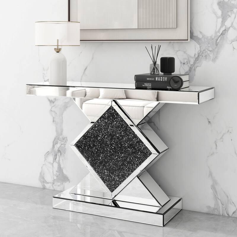 Mirrored Console Table with Black Crushed Diamond Inlay