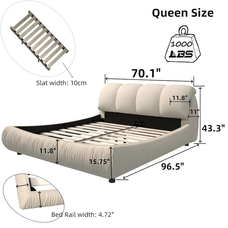 King Size Upholstered Bed Frame with Extra-Wide Cushioned Headboard, Solid Pine Slats & Adjustable Mattress Height