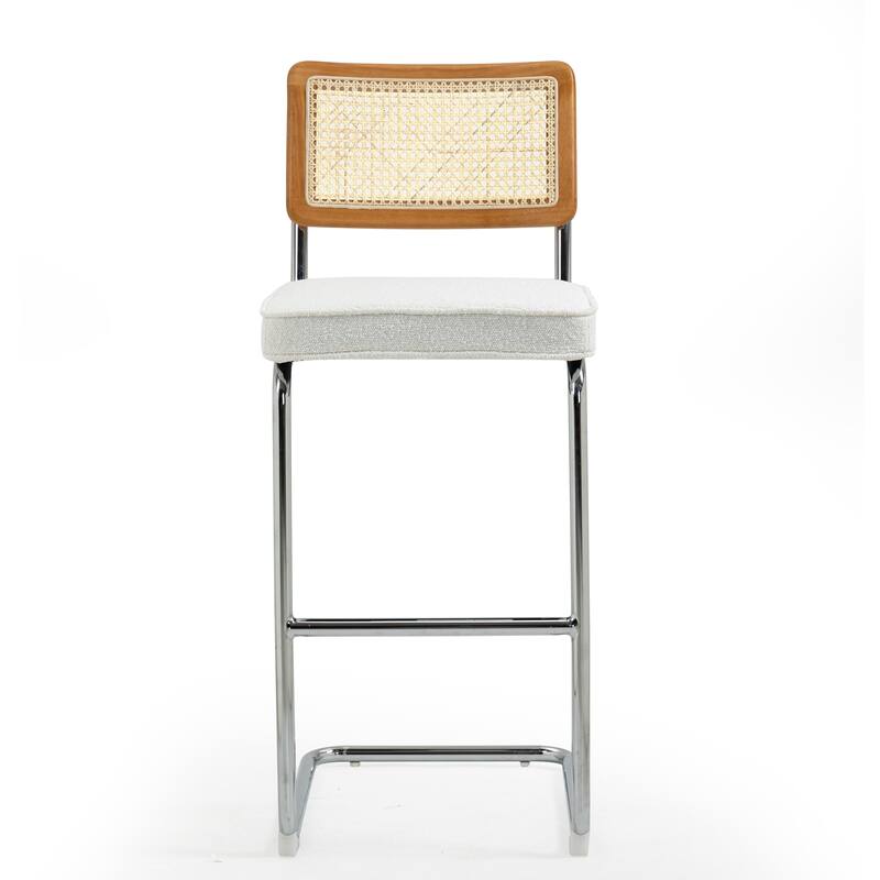 Set of 2 Ayo White Fabric Bar Stool with Rattan Backrest and Silver Steel Legs
