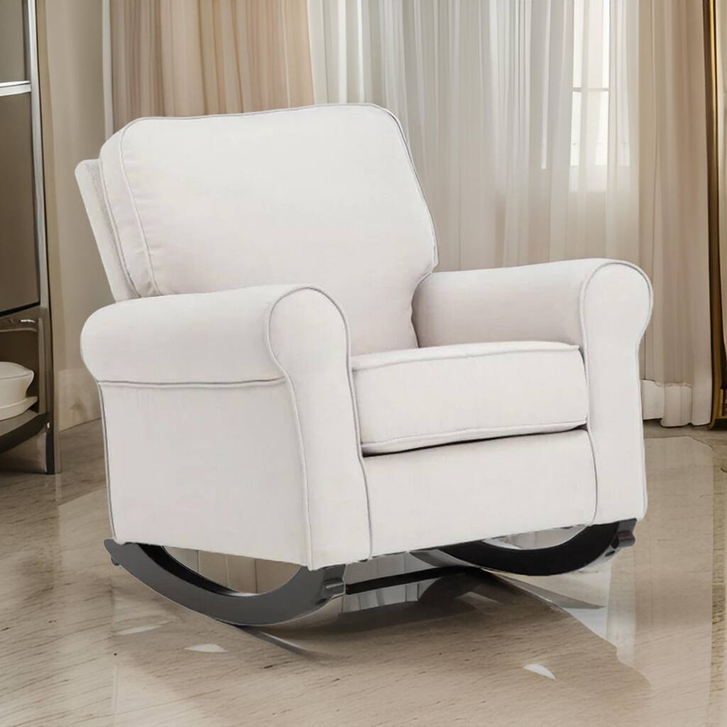 37 Inch Rocking Chair, Pocket Coil Seat, Wood Frame, Soft Beige Upholstery