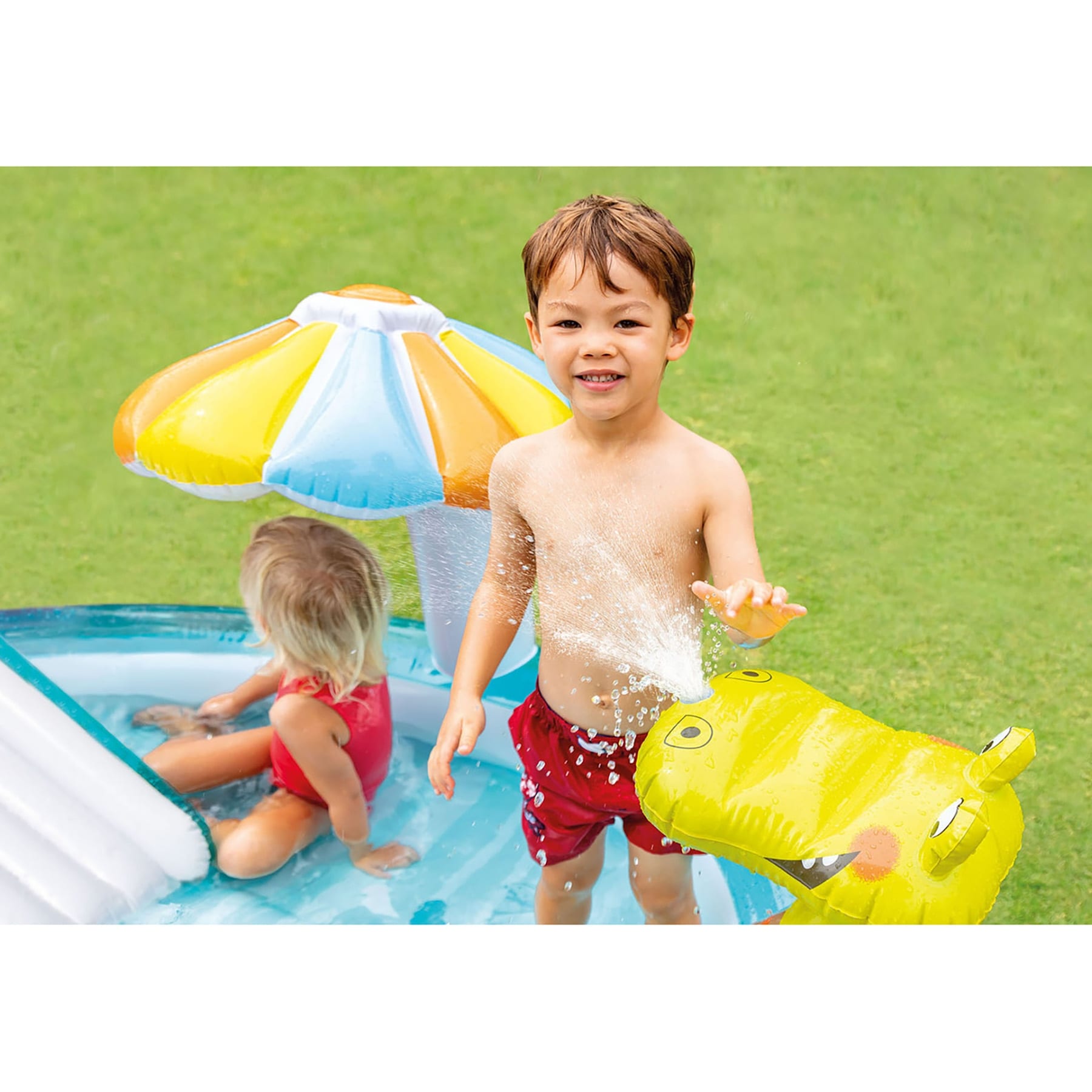 Intex Gator Outdoor Inflatable Kiddie Pool Water Play Center with Slide