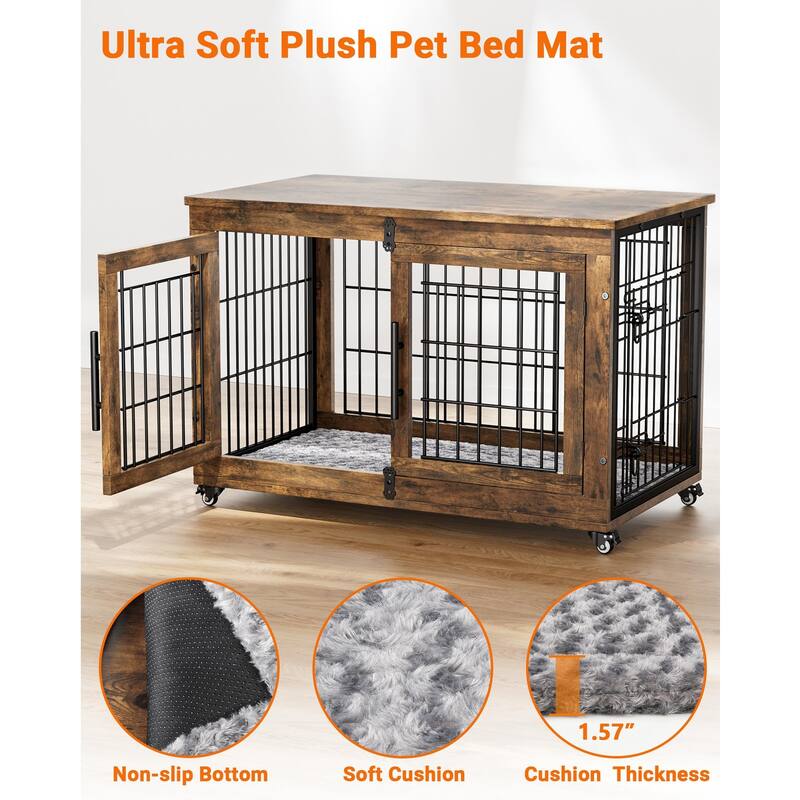 Dog Crate Furniture with Cushion Double Doors Wooden Dog Kennel