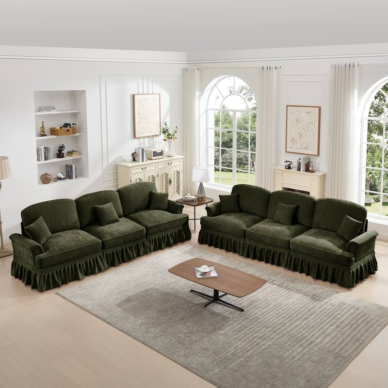 GDFStudio - Classic Chenille 3-Seater 107" Modular Sofa Set with Flared Arms and Removable Ruffles Pleats Skirts (Set of 2) - Green