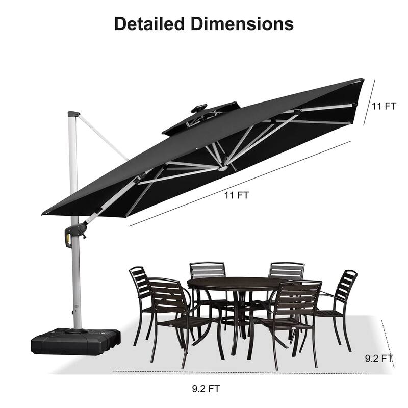 PURPLE LEAF 11 ft Double Top Solar Powered LED Square Patio Cantilever Umbrella with Base