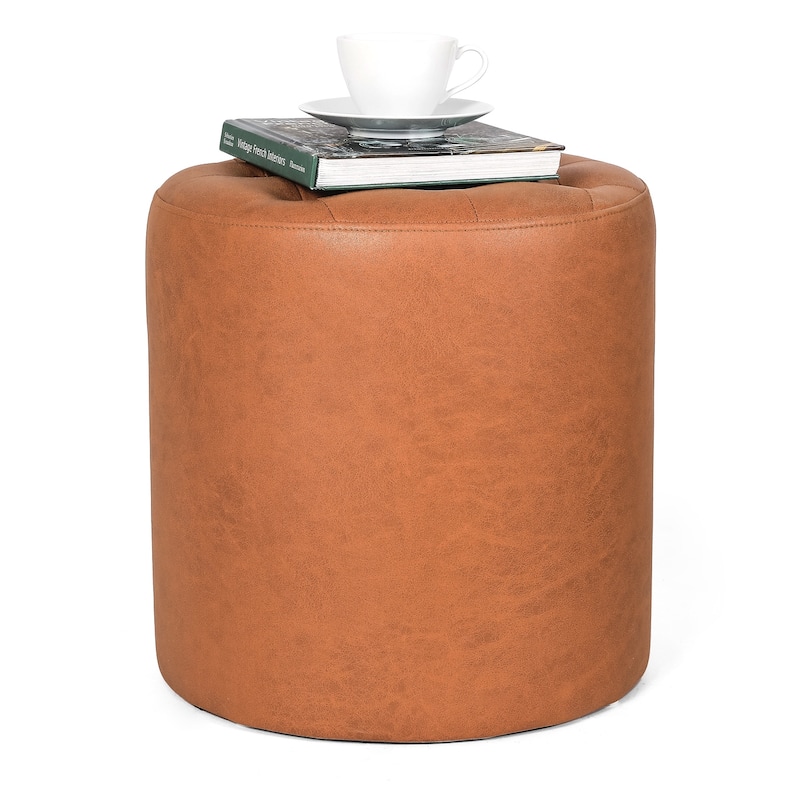 Adeco Round Ottoman Upholstered Tufted Faux Leather Footrest