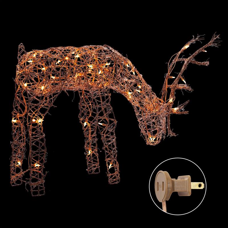 Alpine Corporation Outdoor Rattan Grazing Christmas Reindeer Lawn Decoration with White Halogen Lights