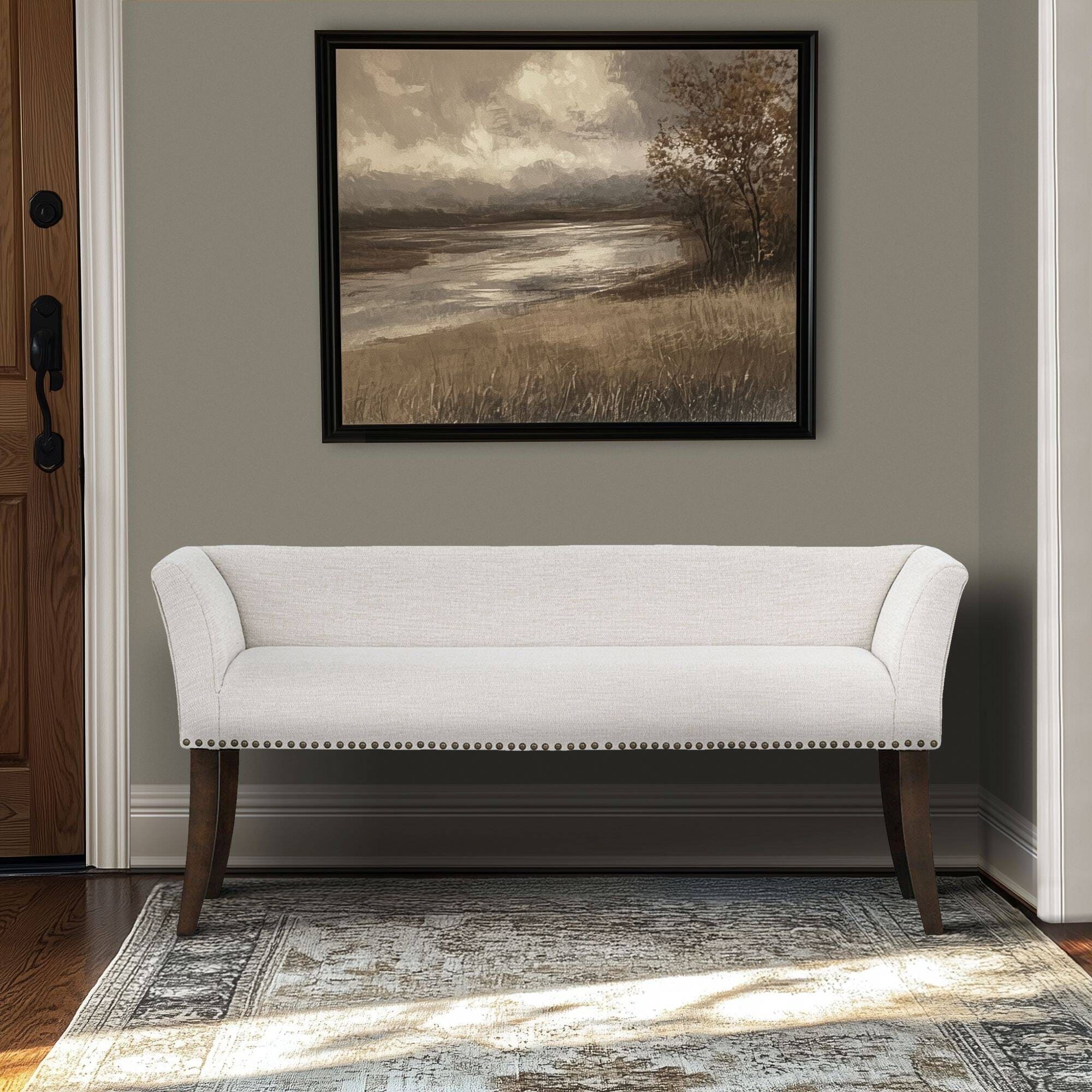 Roomfitters 49.5" Upholstered Accent Bench, Flared Arms and Morocco Wood Legs with Nailhead Trim, Cream