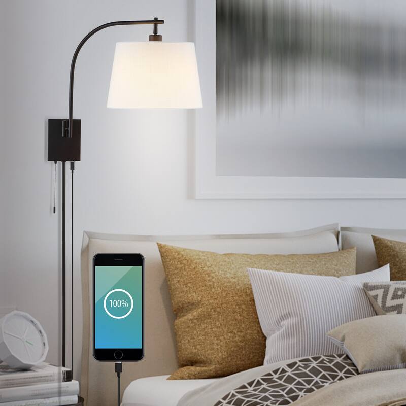 David 22.5" 1-Light Plug-In or Hardwired LED Gooseneck Swing Arm Wall Sconce with Pull-Chain and USB Charging Port by JONATHAN Y