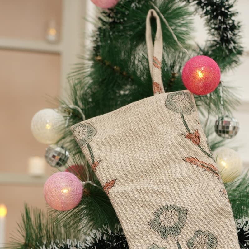 Fabdivine Hand Block Floral Print Christmas Knit Stockings, Home Decorative Gift Use - 16"X6.5"