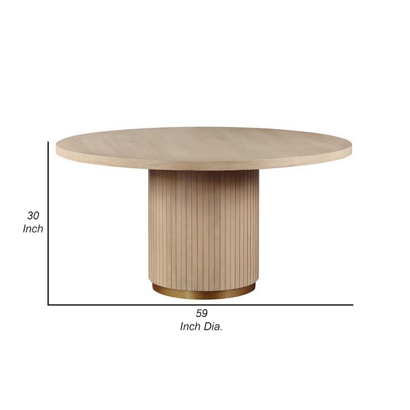 Emi 59 Inch Dining Table, Round Top and Pedestal Base, Rustic Brown, Gold