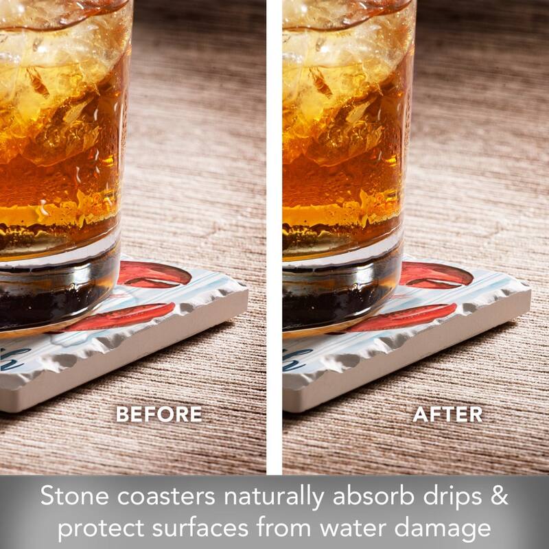 New England Lobstah 4-Pack Absorbent Stone Coasters with Protective Cork Backing 4" Square Made in The USA Easily Wipes Clean